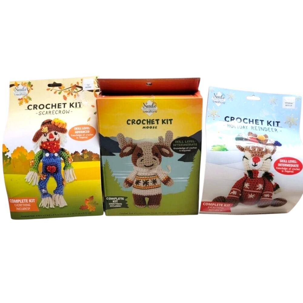 Needle Creations Crochet Kit Lot of 3 Scarecrow Moose Reindeer Crafts Bundle